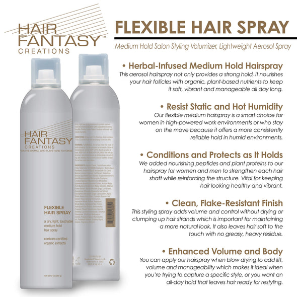 Hair Fantasy Creations Flexible Hairspray for Women, 10 oz., Medium Hold Salon Styling Volumizer with Herbal Conditioning Extracts, Lightweight Aerosol Spray