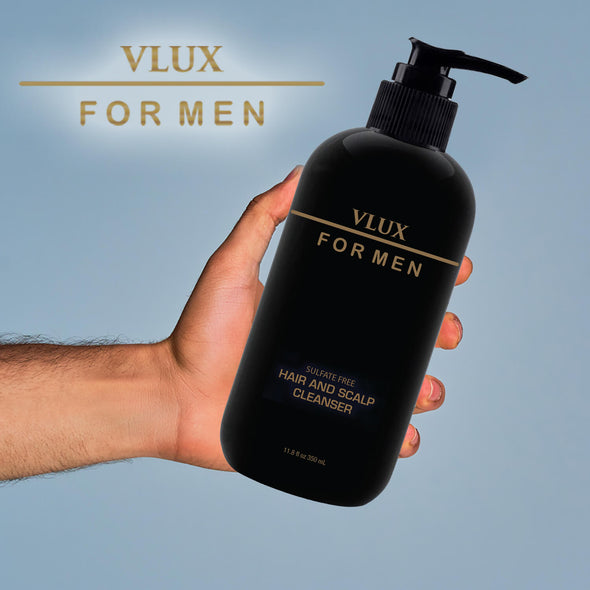 Vlux for Men Sulfate Free Shampoo Hair and Scalp Cleanser, 12 oz., Salon Quality Deep Root Cleansing for Sebum and Dry Itchy Scalp, Vitamins A, C, and E with Red Tea and Pomegranate