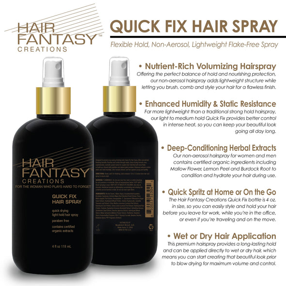 Hair Fantasy Creations Quick Fix Hairspray for Women, 4 oz., Flexible Hold Non-Aerosol, Salon Styling and Volumizing Japanese Herbal Conditioners, Lightweight Flake Free Spray