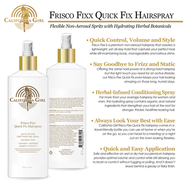 California Girl Frisco Fixx Quick Fix Light Hairspray for Women, 4 oz., Flexible Non-Aerosol Spritz with Hydrating Herbal Botanicals, Salon Styling and Volumizing Spray