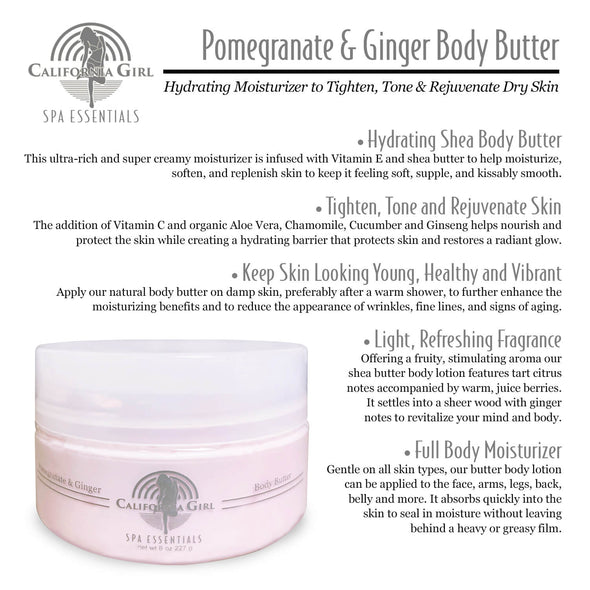 California Girl Spa Essentials Body Butter Lotion for Women, 8 oz. Natural Vitamin E and Pomegranate Hydrating Cream Shea Moisturizer to Tighten, Tone, and Rejuvenate Dry Skin