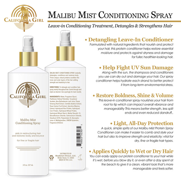 California Girl Malibu Mist Protein Spray Conditioner, 4 oz., Leave In Conditioning Treatment, Detangles and Strengthens Hair, Improves Elasticity, Volume, and Shine