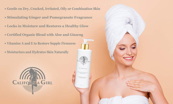 California Girl Spa Essentials Hand Cream for Women with Moisturizing Pomegranate and Ginger, 8 oz., Rich Lotion for Dry Hands and Cracked Skin with Vitamin E, Aloe, and Ginseng