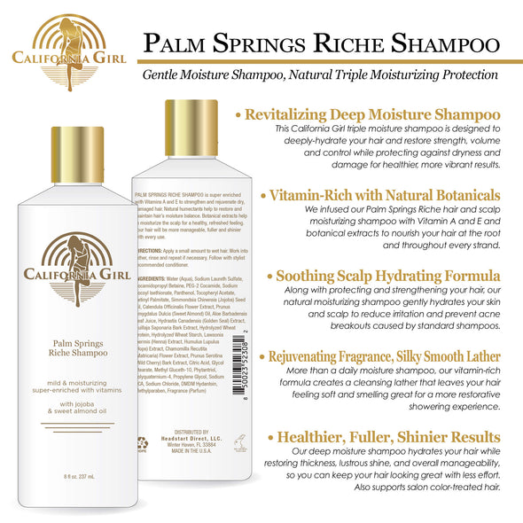 California Girl Palm Spring Riche Gentle Moisture Shampoo with Vitamins A and E, 8 oz., Natural Triple Moisturizing Protection for Fine, Dry, or Damaged Hair, Women and Men