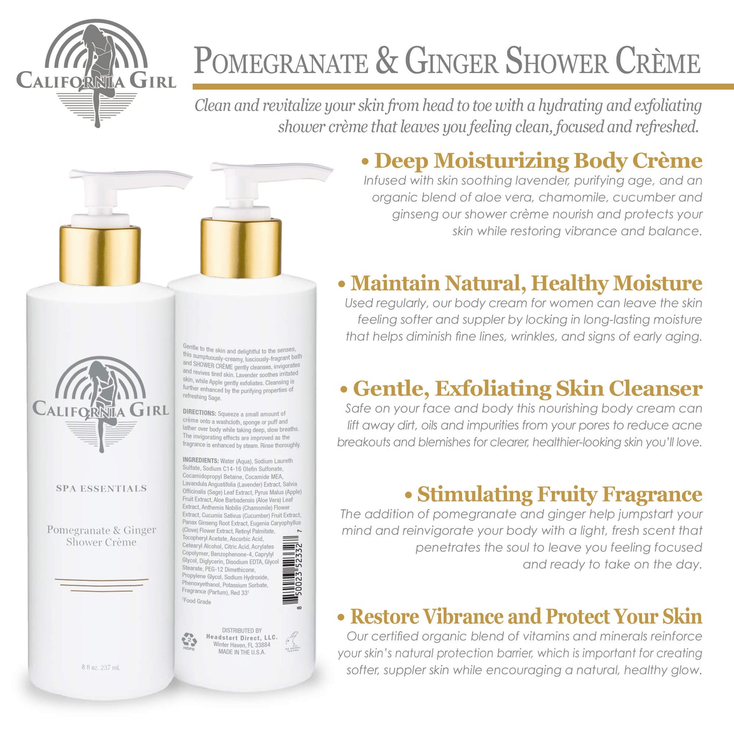 California Girl Spa Essentials Shower Cream, 8 oz., Pomegranate, Ginger, Lavender, and Organic Nutrients, Body Moisturizing and Nourishing Gel, Cleanse and Invigorate Skin