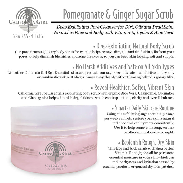 California Girl Spa Essentials Sugar Scrub, 8 oz., Deep Exfoliating Pore Cleanser for Dirt, Oils, and Dead Skin, Nourishes Face and Body with Vitamin E, Jojoba, and Aloe Vera