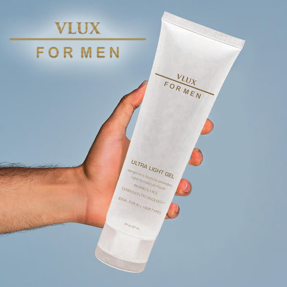 Vlux for Men Natural Hair Gel for Styling and Control, 8 oz., Salon Quality Light to Medium Hold with a Flake Free Shine, Infused with Herbal Extracts and Antioxidants