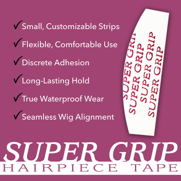 Super Grip Hairpiece Wig Tape, 30 Count, Double Sided Adhesive for Hair Extension, Toupees, and Lace Front Dome Caps, Discrete Waterproof Strips, Strong Hold Support